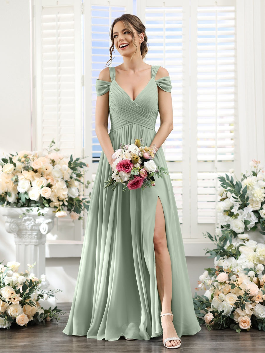 V-Neck Floor-Length Chiffon Bridesmaid Dress with Side Split and Ruched A-Line/Princess Silhouette