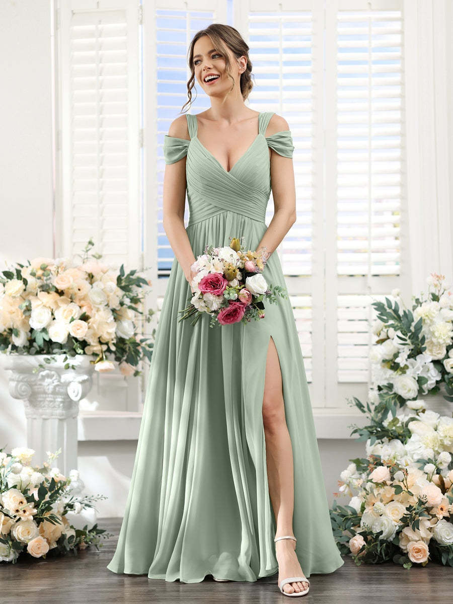 V-Neck Floor-Length Chiffon Bridesmaid Dress with Side Split and Ruched A-Line/Princess Silhouette