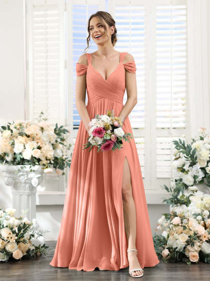 V-Neck Floor-Length Chiffon Bridesmaid Dress with Side Split and Ruched A-Line/Princess Silhouette