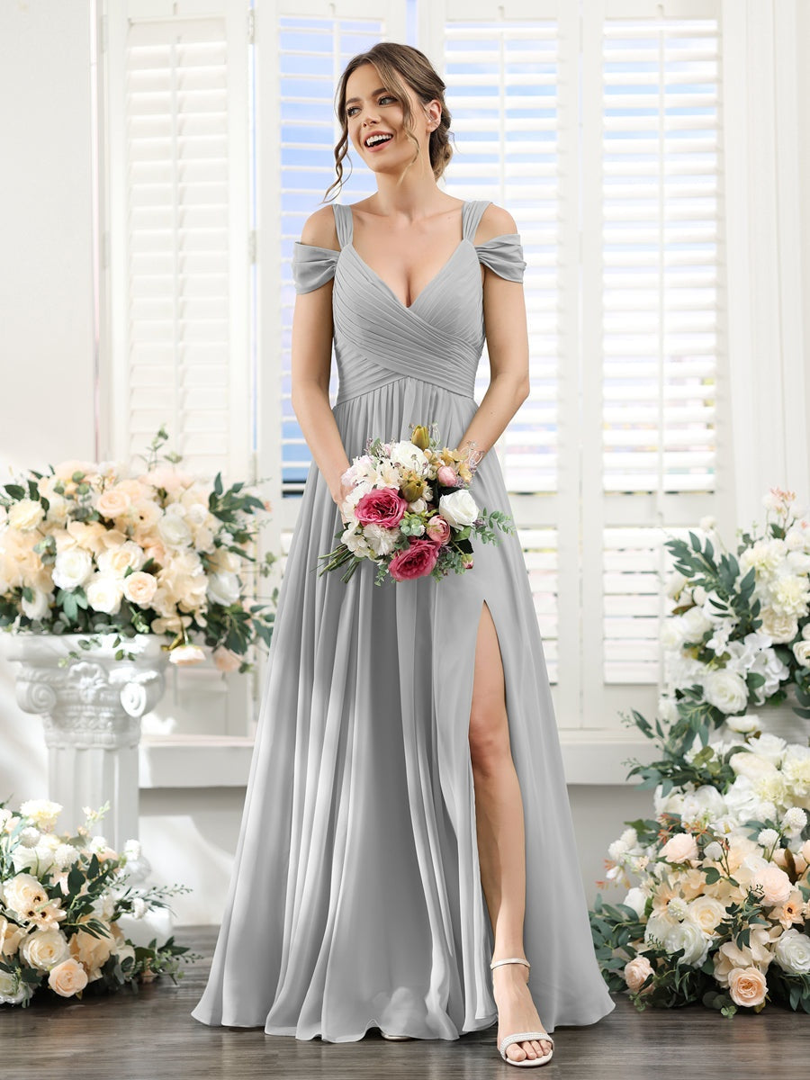 V-Neck Floor-Length Chiffon Bridesmaid Dress with Side Split and Ruched A-Line/Princess Silhouette