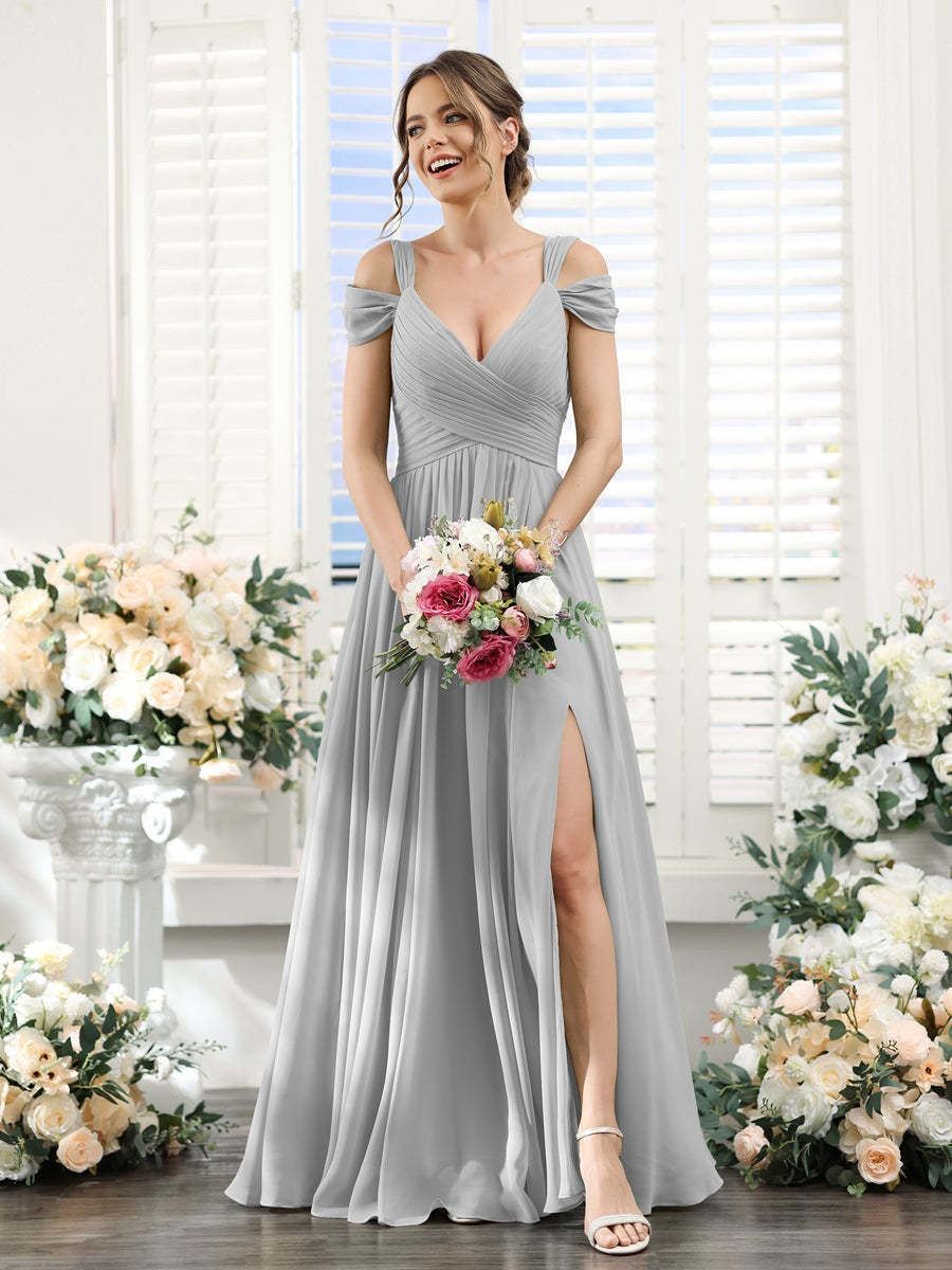 V-Neck Floor-Length Chiffon Bridesmaid Dress with Side Split and Ruched A-Line/Princess Silhouette