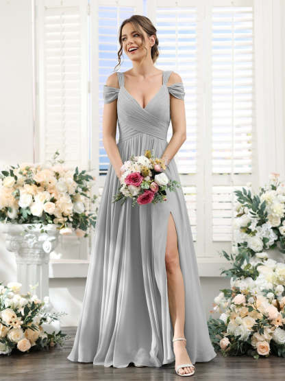 V-Neck Floor-Length Chiffon Bridesmaid Dress with Side Split and Ruched A-Line/Princess Silhouette