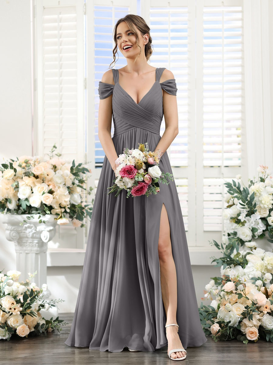 V-Neck Floor-Length Chiffon Bridesmaid Dress with Side Split and Ruched A-Line/Princess Silhouette
