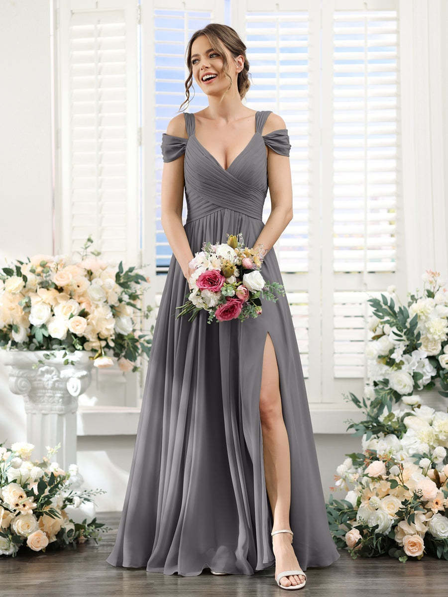 V-Neck Floor-Length Chiffon Bridesmaid Dress with Side Split and Ruched A-Line/Princess Silhouette