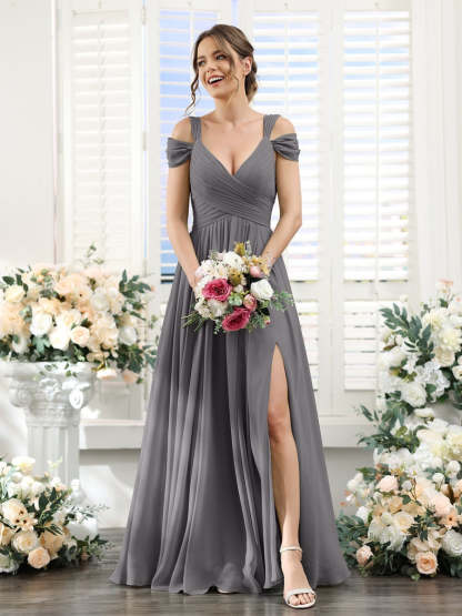 V-Neck Floor-Length Chiffon Bridesmaid Dress with Side Split and Ruched A-Line/Princess Silhouette