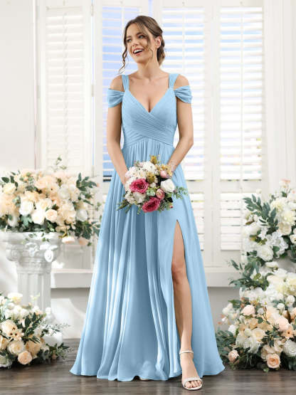 V-Neck Floor-Length Chiffon Bridesmaid Dress with Side Split and Ruched A-Line/Princess Silhouette