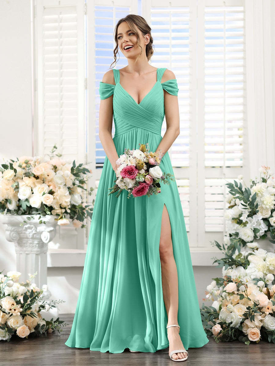 V-Neck Floor-Length Chiffon Bridesmaid Dress with Side Split and Ruched A-Line/Princess Silhouette