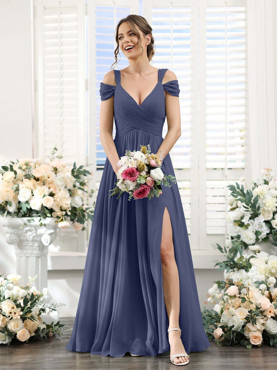 V-Neck Floor-Length Chiffon Bridesmaid Dress with Side Split and Ruched A-Line/Princess Silhouette