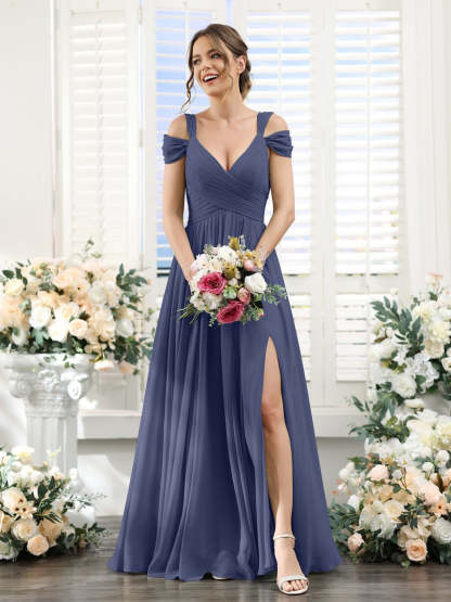 V-Neck Floor-Length Chiffon Bridesmaid Dress with Side Split and Ruched A-Line/Princess Silhouette