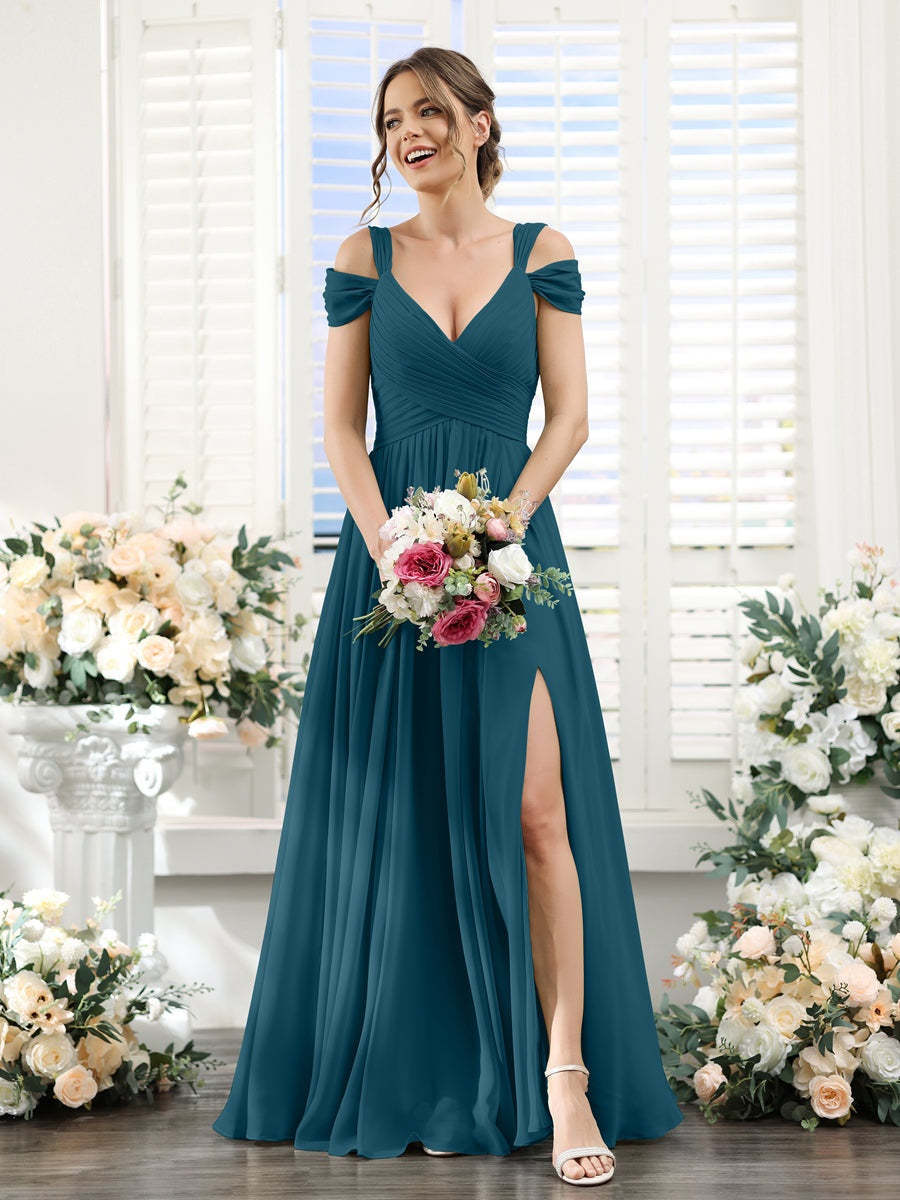V-Neck Floor-Length Chiffon Bridesmaid Dress with Side Split and Ruched A-Line/Princess Silhouette