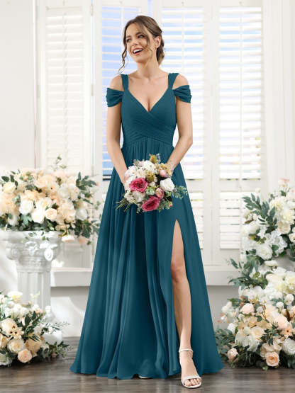 V-Neck Floor-Length Chiffon Bridesmaid Dress with Side Split and Ruched A-Line/Princess Silhouette