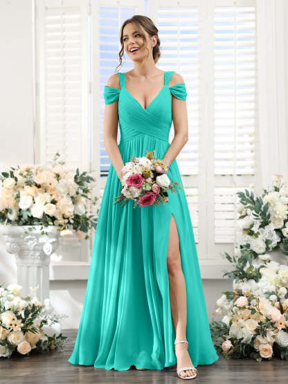 V-Neck Floor-Length Chiffon Bridesmaid Dress with Side Split and Ruched A-Line/Princess Silhouette