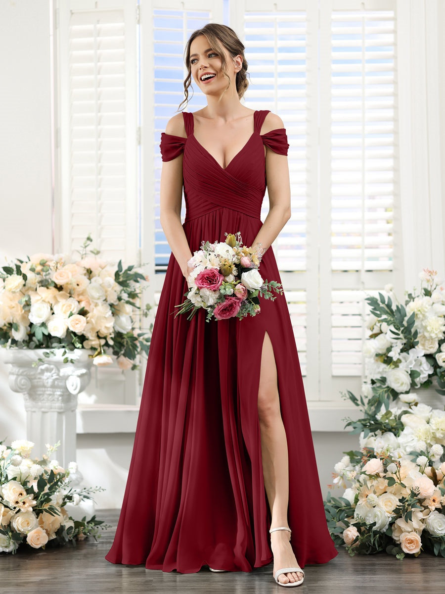V-Neck Floor-Length Chiffon Bridesmaid Dress with Side Split and Ruched A-Line/Princess Silhouette
