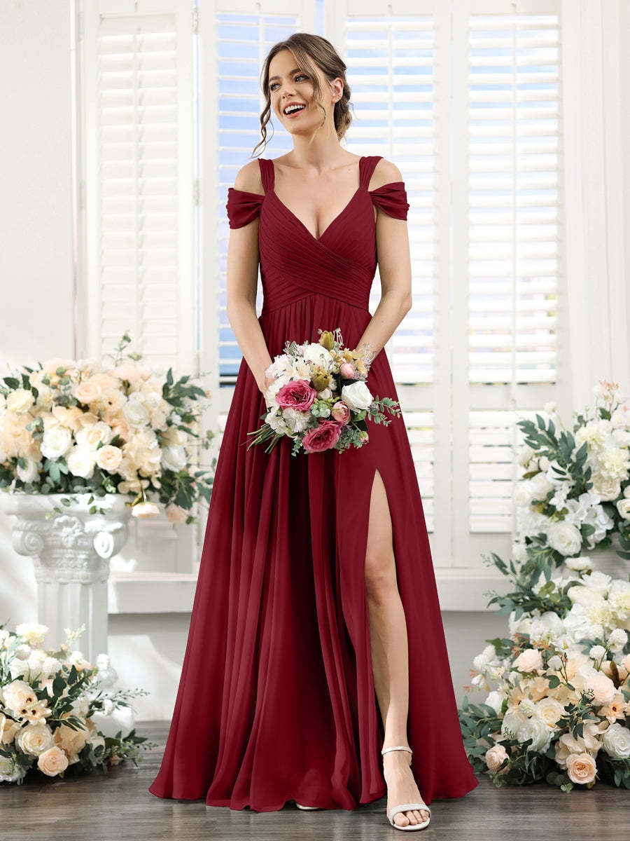 V-Neck Floor-Length Chiffon Bridesmaid Dress with Side Split and Ruched A-Line/Princess Silhouette