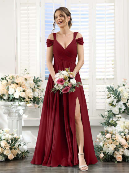 V-Neck Floor-Length Chiffon Bridesmaid Dress with Side Split and Ruched A-Line/Princess Silhouette