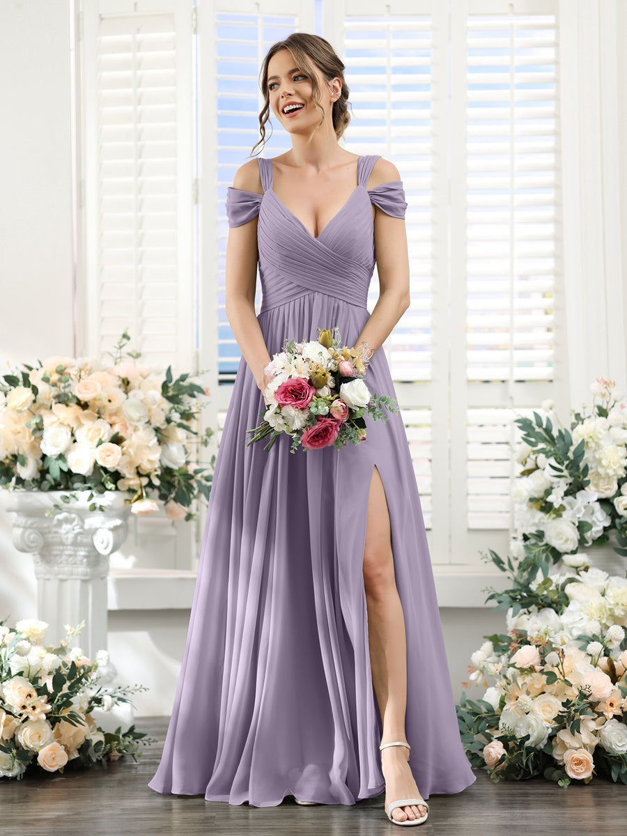 V-Neck Floor-Length Chiffon Bridesmaid Dress with Side Split and Ruched A-Line/Princess Silhouette