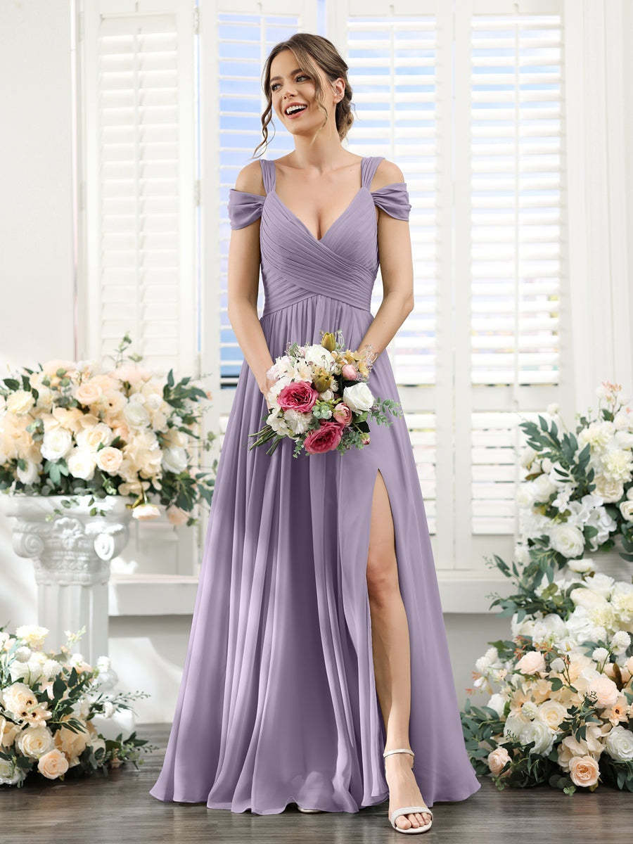 V-Neck Floor-Length Chiffon Bridesmaid Dress with Side Split and Ruched A-Line/Princess Silhouette