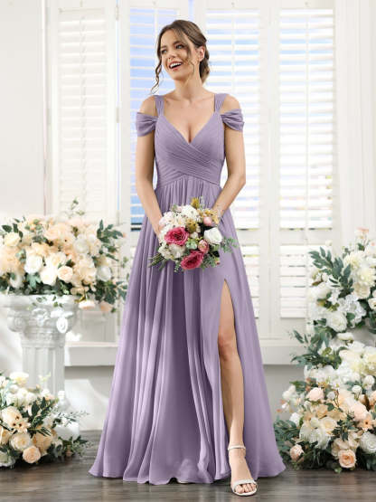 V-Neck Floor-Length Chiffon Bridesmaid Dress with Side Split and Ruched A-Line/Princess Silhouette
