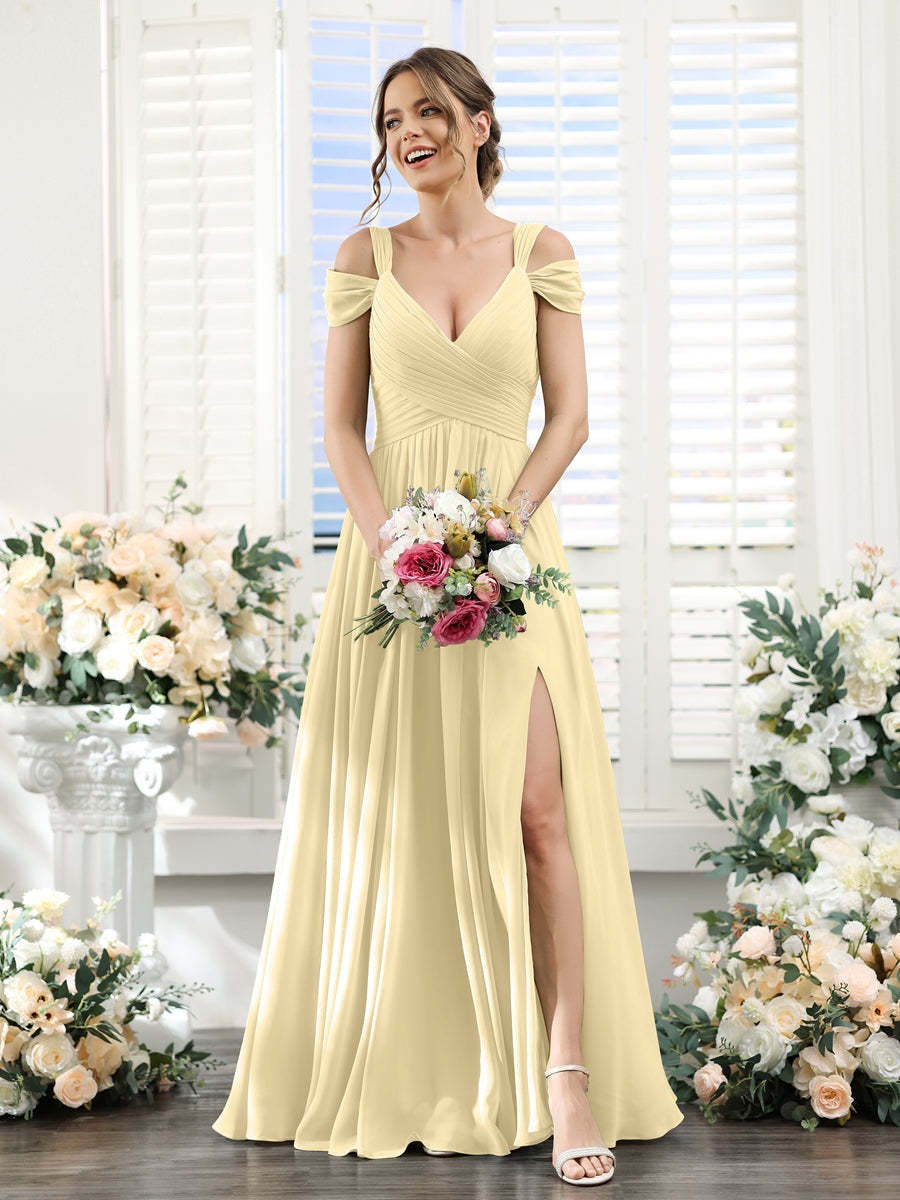 V-Neck Floor-Length Chiffon Bridesmaid Dress with Side Split and Ruched A-Line/Princess Silhouette