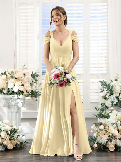 V-Neck Floor-Length Chiffon Bridesmaid Dress with Side Split and Ruched A-Line/Princess Silhouette