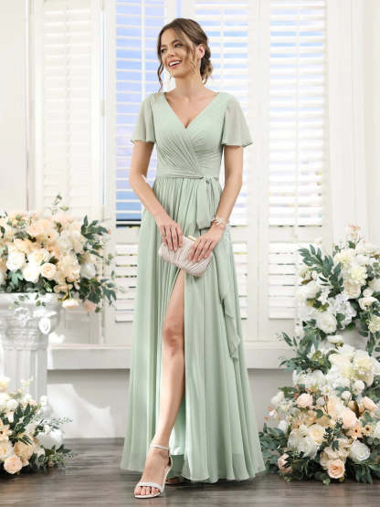 V-Neck A-Line Princess Floor-Length Chiffon Bridesmaid Dress with Side Split & Ruched Short Sleeves