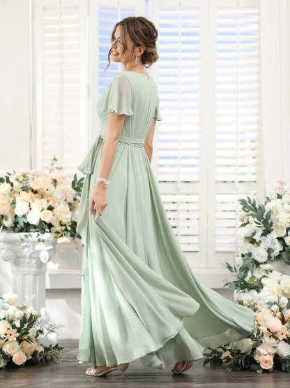 V-Neck A-Line Princess Floor-Length Chiffon Bridesmaid Dress with Side Split & Ruched Short Sleeves