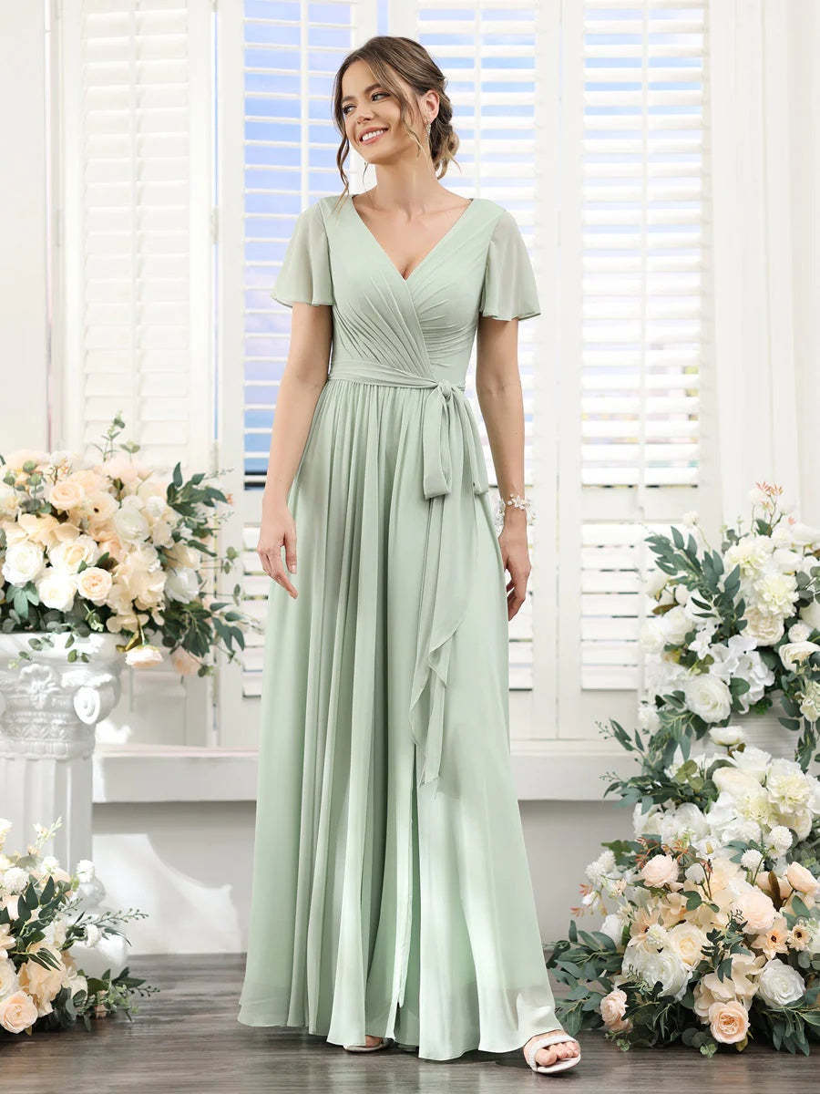 V-Neck A-Line Princess Floor-Length Chiffon Bridesmaid Dress with Side Split & Ruched Short Sleeves