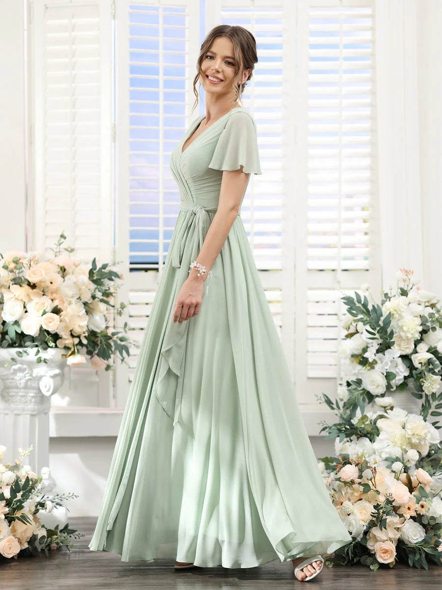 V-Neck A-Line Princess Floor-Length Chiffon Bridesmaid Dress with Side Split & Ruched Short Sleeves