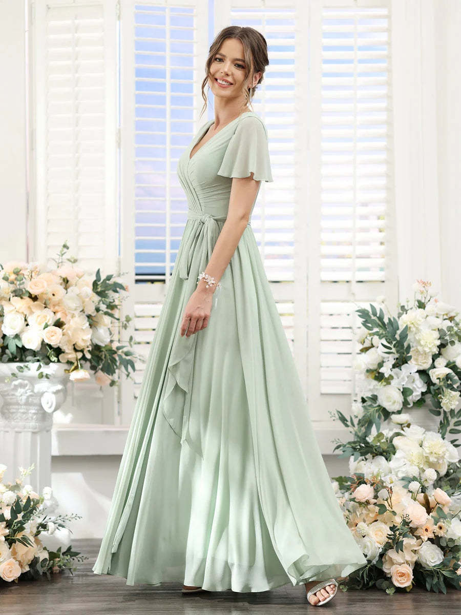 V-Neck A-Line Princess Floor-Length Chiffon Bridesmaid Dress with Side Split & Ruched Short Sleeves