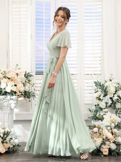 V-Neck A-Line Princess Floor-Length Chiffon Bridesmaid Dress with Side Split & Ruched Short Sleeves