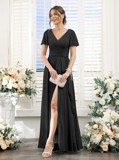V-Neck A-Line Princess Floor-Length Chiffon Bridesmaid Dress with Side Split & Ruched Short Sleeves