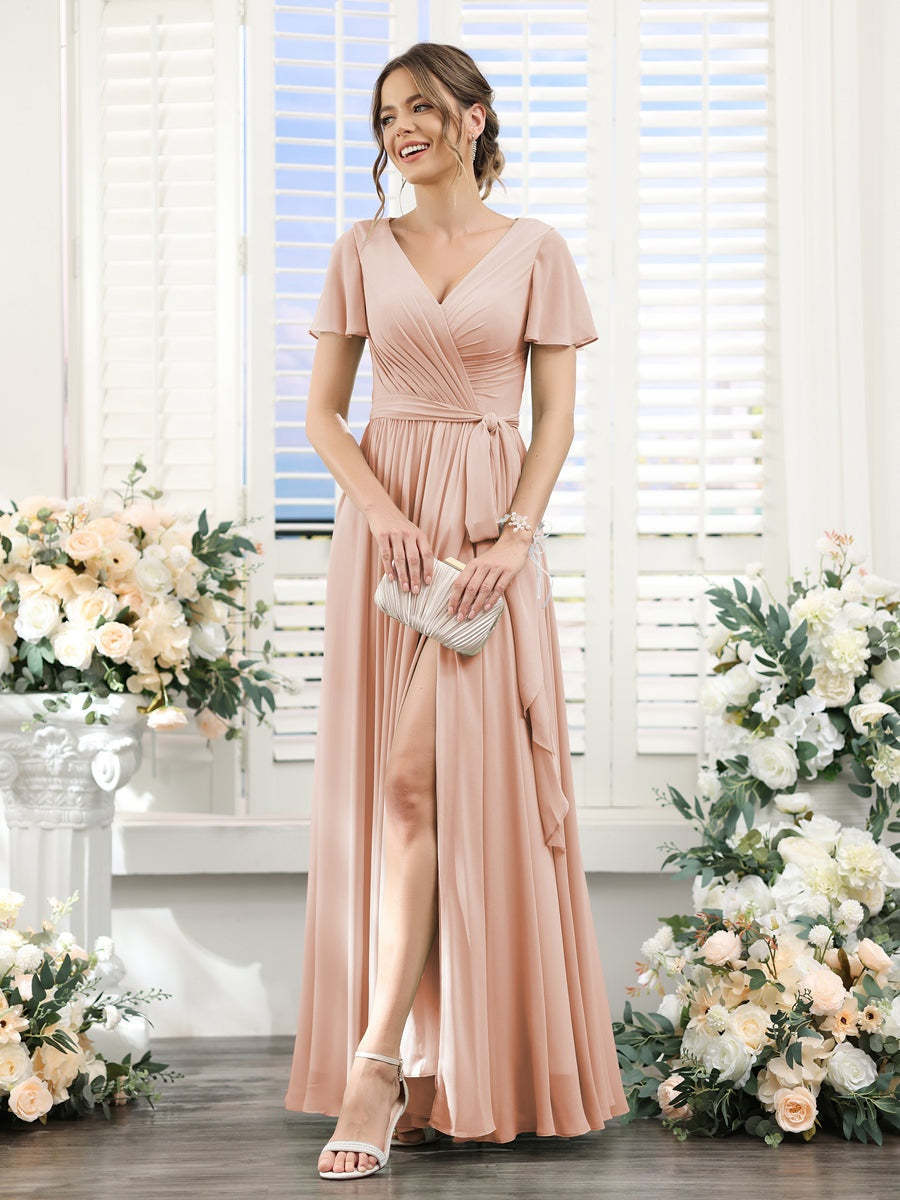 V-Neck A-Line Princess Floor-Length Chiffon Bridesmaid Dress with Side Split & Ruched Short Sleeves