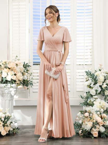 V-Neck A-Line Princess Floor-Length Chiffon Bridesmaid Dress with Side Split & Ruched Short Sleeves