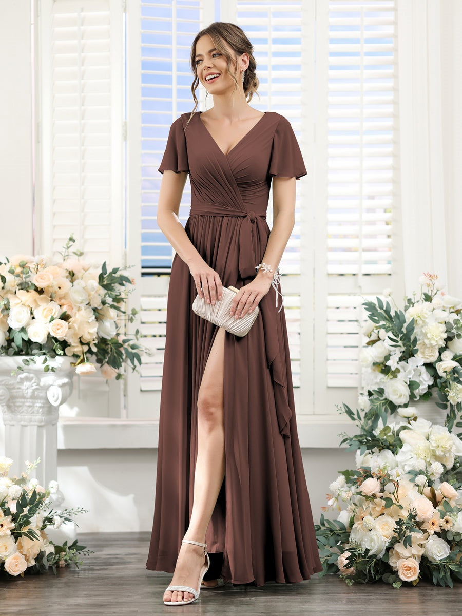 V-Neck A-Line Princess Floor-Length Chiffon Bridesmaid Dress with Side Split & Ruched Short Sleeves