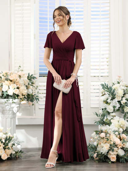 V-Neck A-Line Princess Floor-Length Chiffon Bridesmaid Dress with Side Split & Ruched Short Sleeves