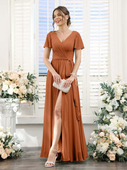 V-Neck A-Line Princess Floor-Length Chiffon Bridesmaid Dress with Side Split & Ruched Short Sleeves