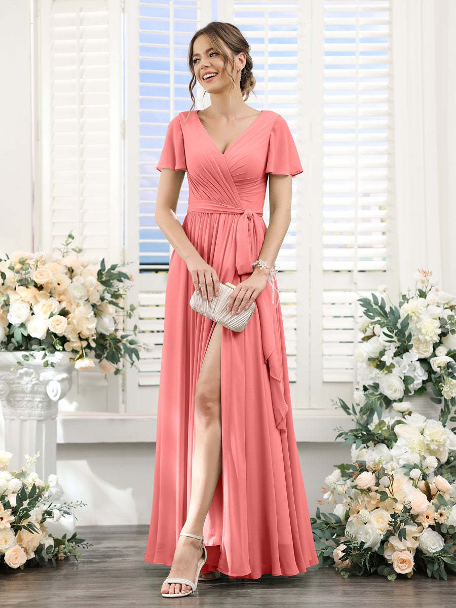 V-Neck A-Line Princess Floor-Length Chiffon Bridesmaid Dress with Side Split & Ruched Short Sleeves