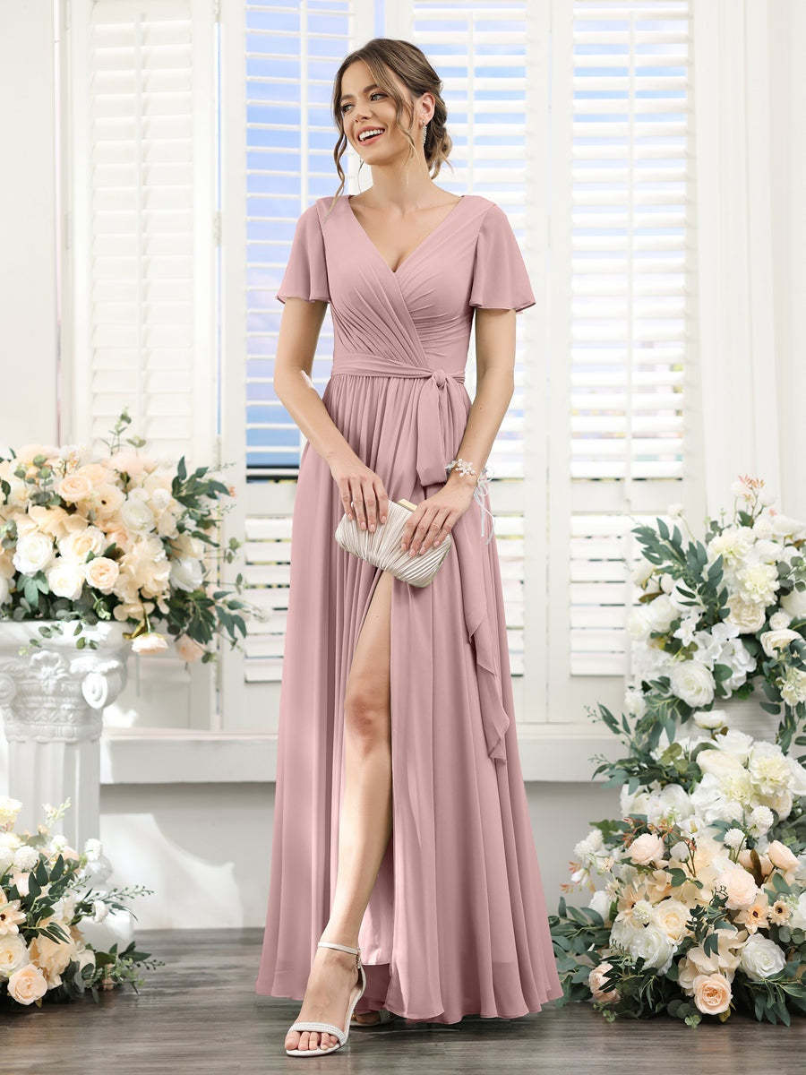 V-Neck A-Line Princess Floor-Length Chiffon Bridesmaid Dress with Side Split & Ruched Short Sleeves