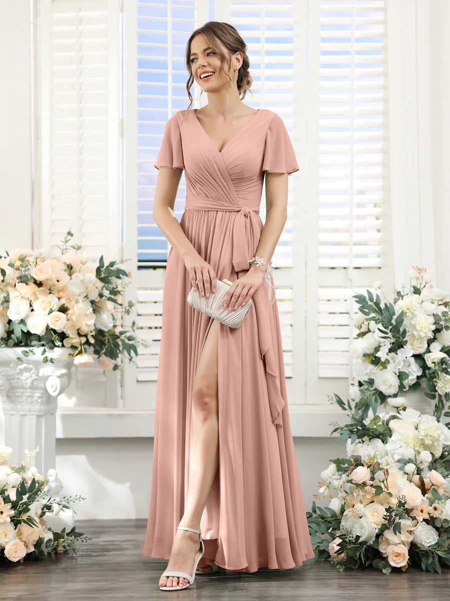 V-Neck A-Line Princess Floor-Length Chiffon Bridesmaid Dress with Side Split & Ruched Short Sleeves