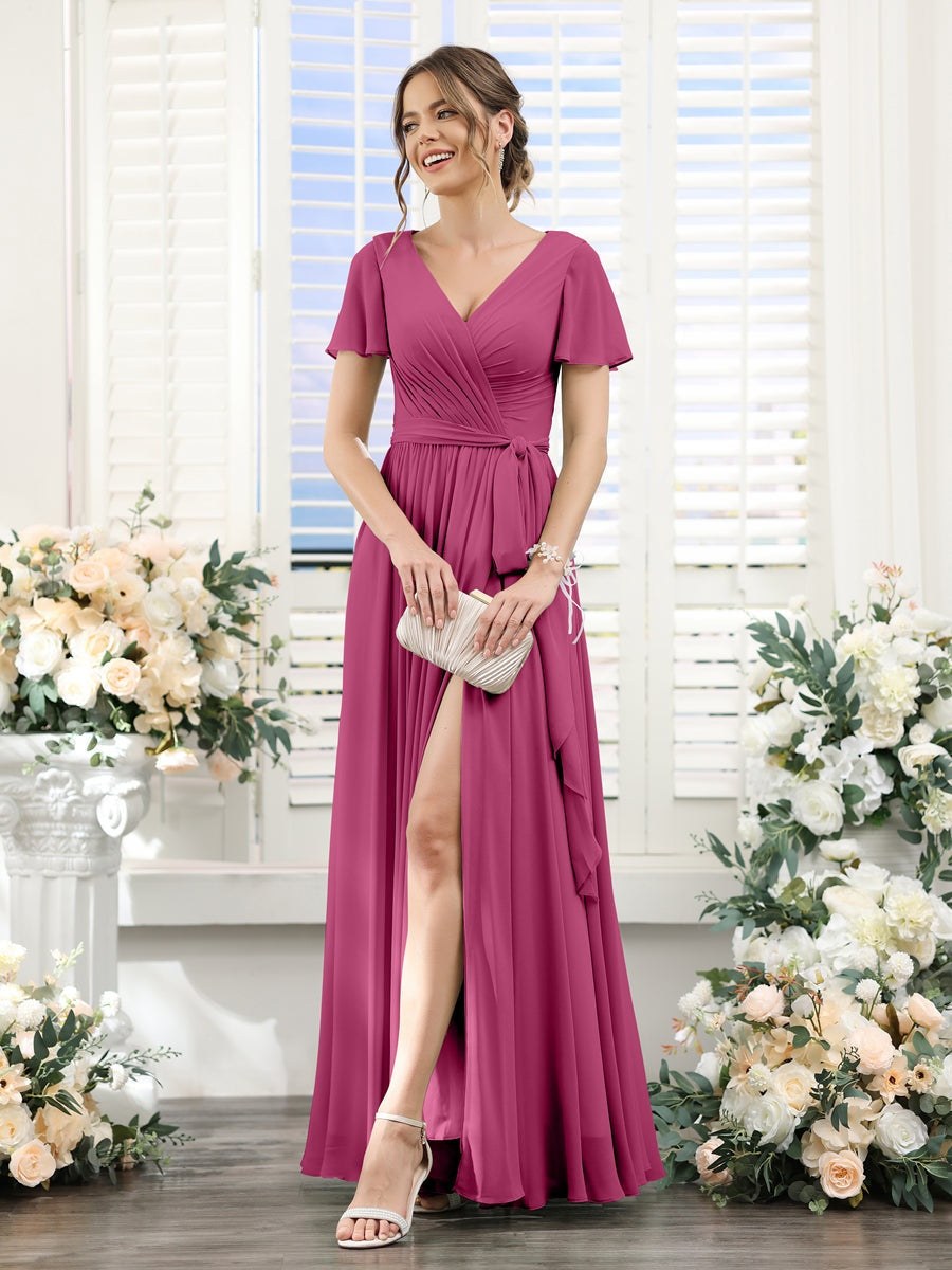 V-Neck A-Line Princess Floor-Length Chiffon Bridesmaid Dress with Side Split & Ruched Short Sleeves