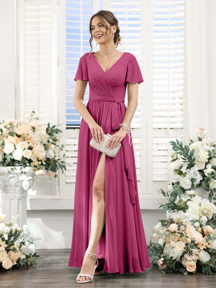 V-Neck A-Line Princess Floor-Length Chiffon Bridesmaid Dress with Side Split & Ruched Short Sleeves