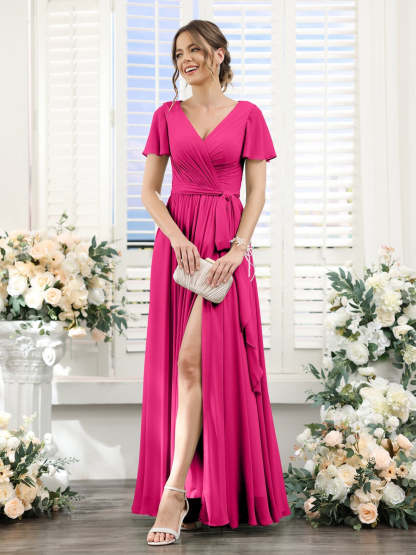 V-Neck A-Line Princess Floor-Length Chiffon Bridesmaid Dress with Side Split & Ruched Short Sleeves