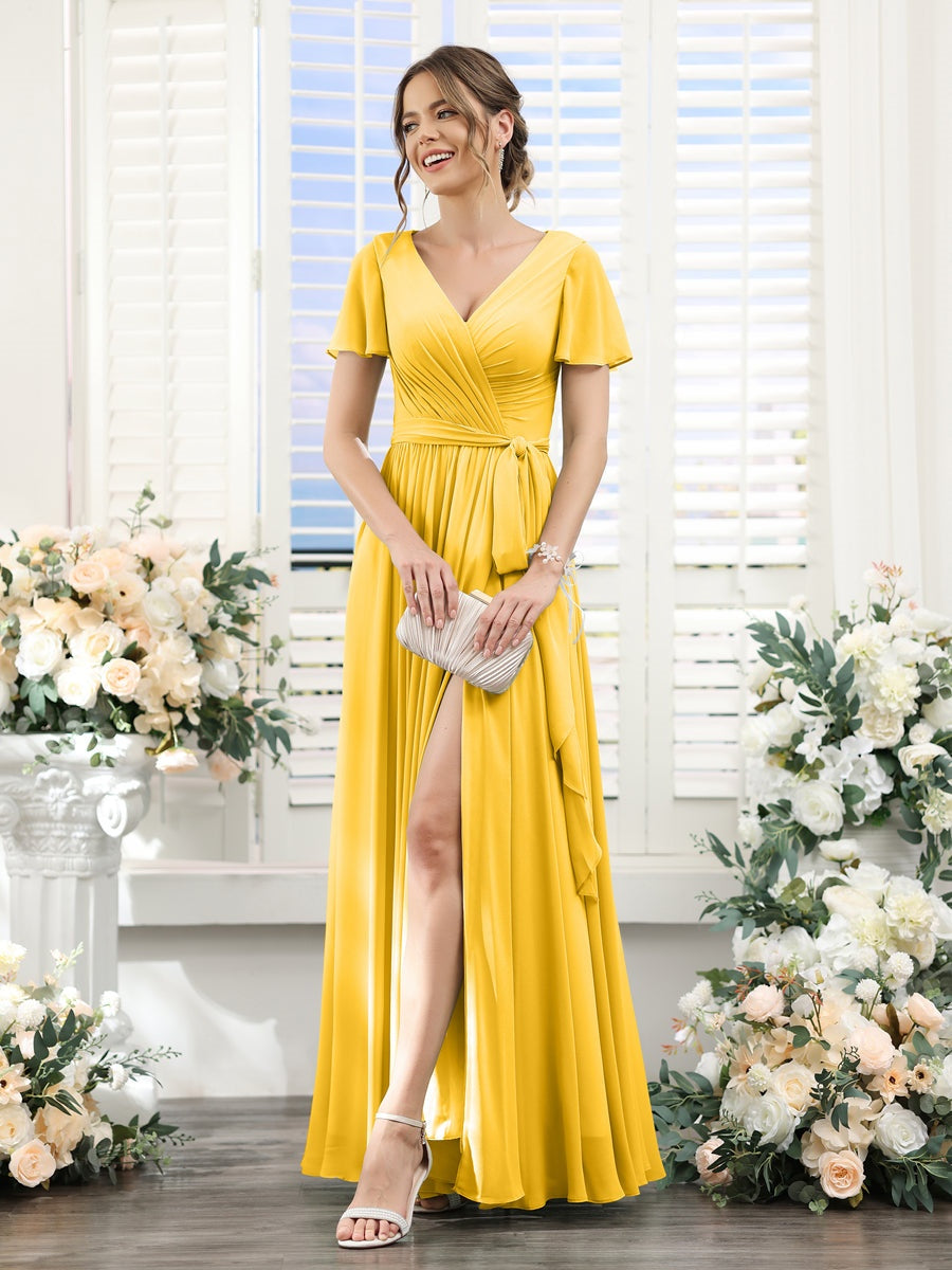 V-Neck A-Line Princess Floor-Length Chiffon Bridesmaid Dress with Side Split & Ruched Short Sleeves