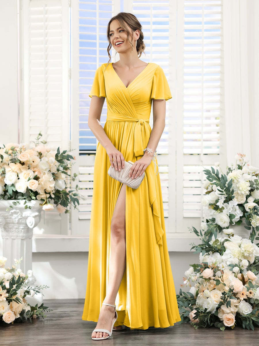 V-Neck A-Line Princess Floor-Length Chiffon Bridesmaid Dress with Side Split & Ruched Short Sleeves