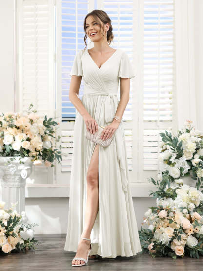 V-Neck A-Line Princess Floor-Length Chiffon Bridesmaid Dress with Side Split & Ruched Short Sleeves