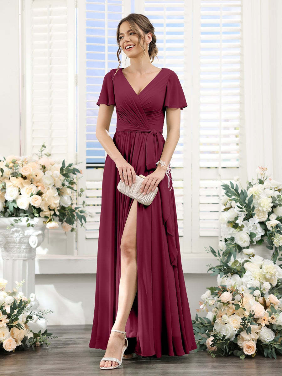 V-Neck A-Line Princess Floor-Length Chiffon Bridesmaid Dress with Side Split & Ruched Short Sleeves