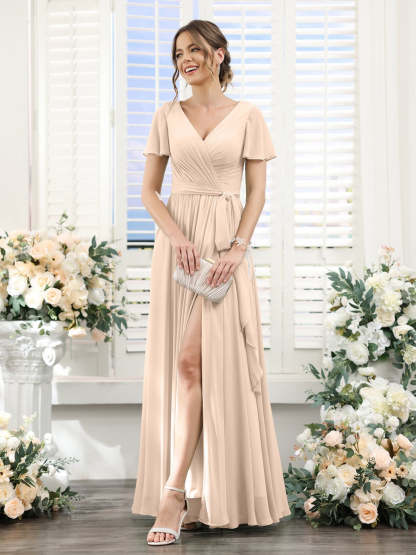 V-Neck A-Line Princess Floor-Length Chiffon Bridesmaid Dress with Side Split & Ruched Short Sleeves