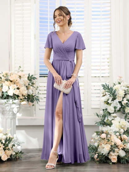 V-Neck A-Line Princess Floor-Length Chiffon Bridesmaid Dress with Side Split & Ruched Short Sleeves