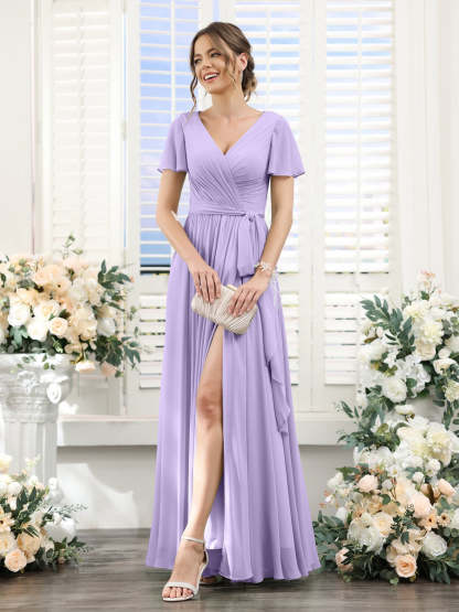 V-Neck A-Line Princess Floor-Length Chiffon Bridesmaid Dress with Side Split & Ruched Short Sleeves
