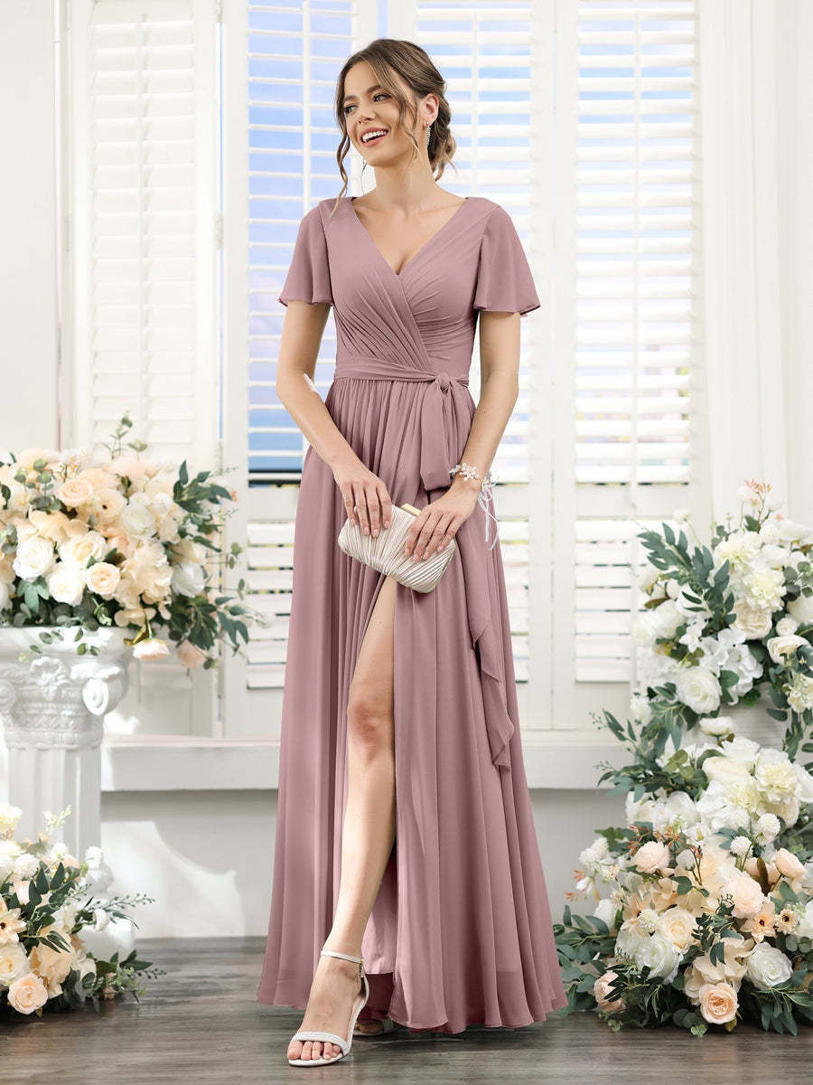V-Neck A-Line Princess Floor-Length Chiffon Bridesmaid Dress with Side Split & Ruched Short Sleeves
